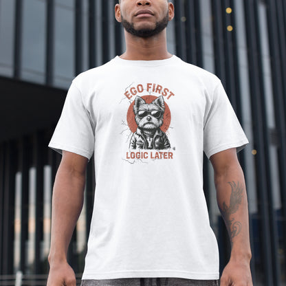 Man in a white organic cotton unisex T-shirt featuring a Yorkie in sunglasses and leather jacket with the slogan “Ego first, logic later.
