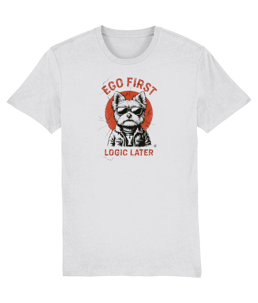 White organic cotton unisex T-shirt featuring a Yorkie in sunglasses and leather jacket with the slogan “Ego first, logic later.