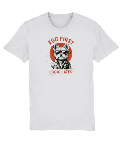 White organic cotton unisex T-shirt featuring a Yorkie in sunglasses and leather jacket with the slogan “Ego first, logic later.