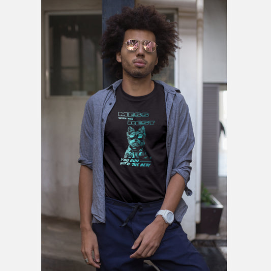 Man in black T-shirt featuring a Yorkshire terrier with the text Mess with the Best, You run with the rest.